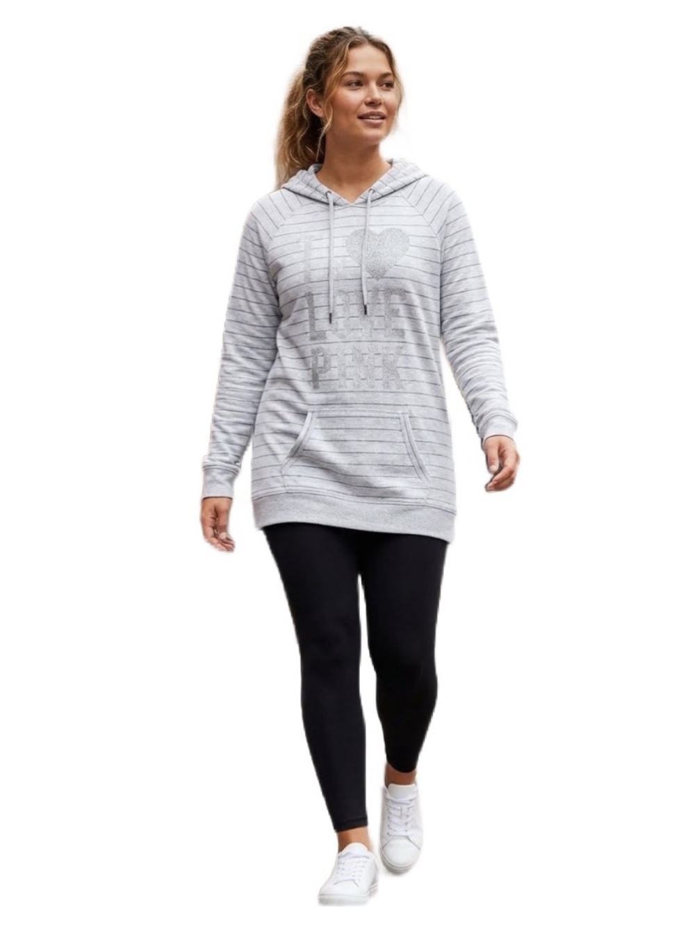 Victoria's Secret PINK Striped Glitter "LOVE PINK" Pullover Long Hoodie Size L